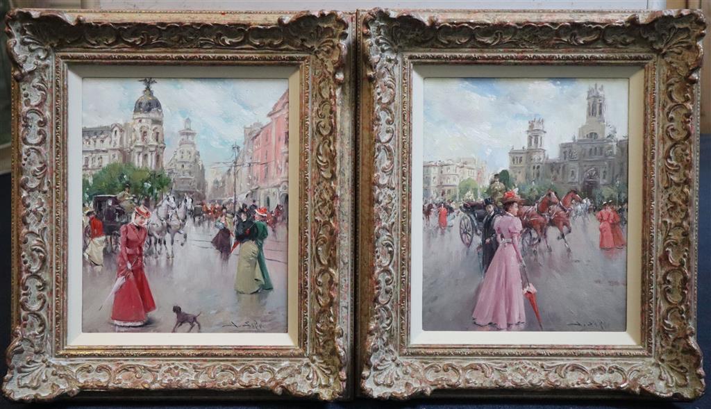 § Juan Soler (1951-) Street scenes with elegant ladies 10.25 x 8.25in.